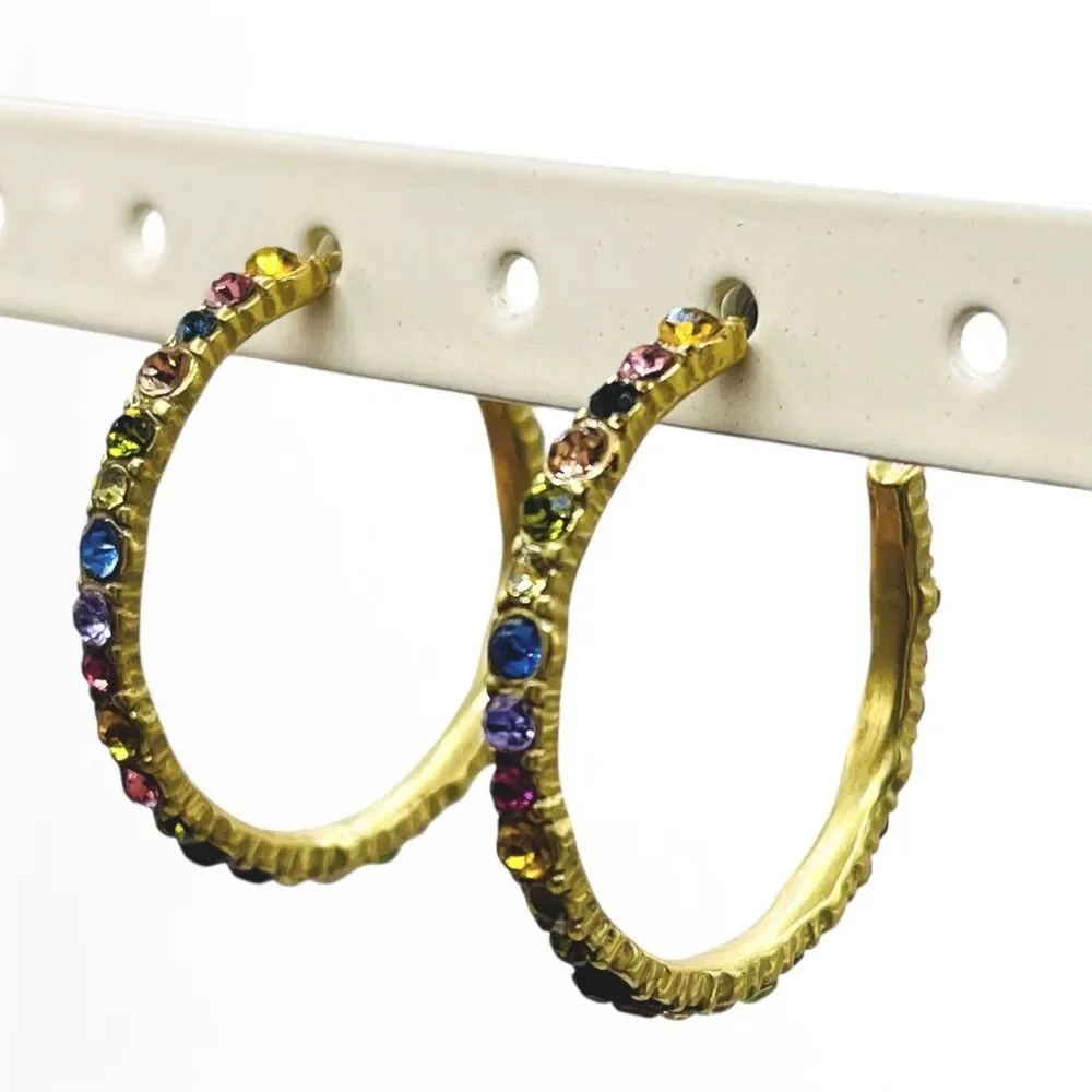 Multi Color Rhinestone Hoops Earrings Gold Tone Colorful Pierced Fashion Jewelry